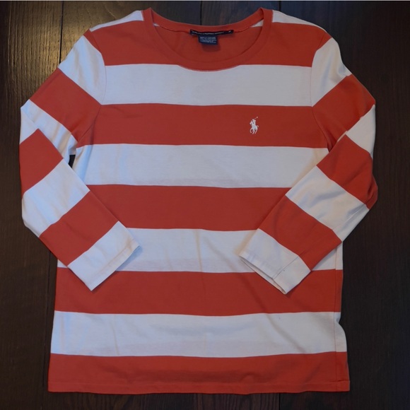 Ralph Lauren Sport Women’s Rugby Stripe Long Sleeve Tee Orange White Medium NWOT - Picture 1 of 2